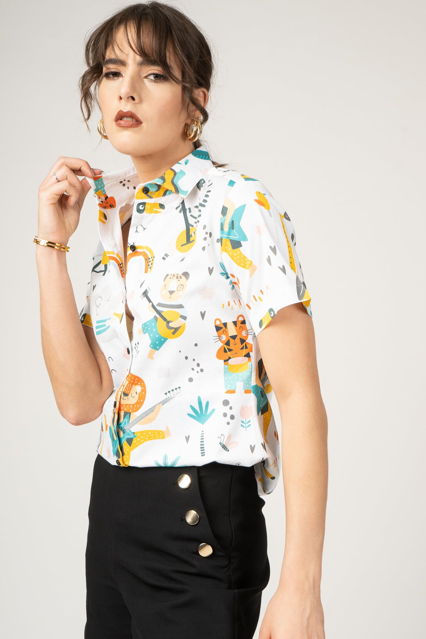 Childish Print With Cartoon Jungle Animal Playing Women Half Sleeve Printed Premium Cotton Shirt by Black Jack