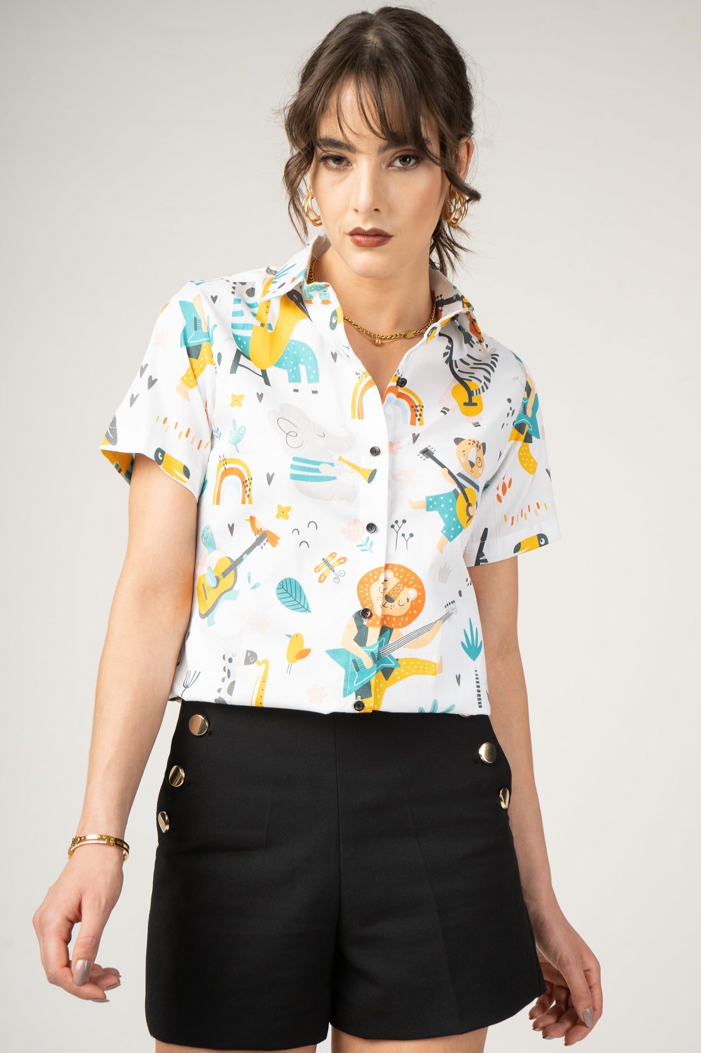 Childish Print With Cartoon Jungle Animal Playing Women Half Sleeve Printed Premium Cotton Shirt by Black Jack