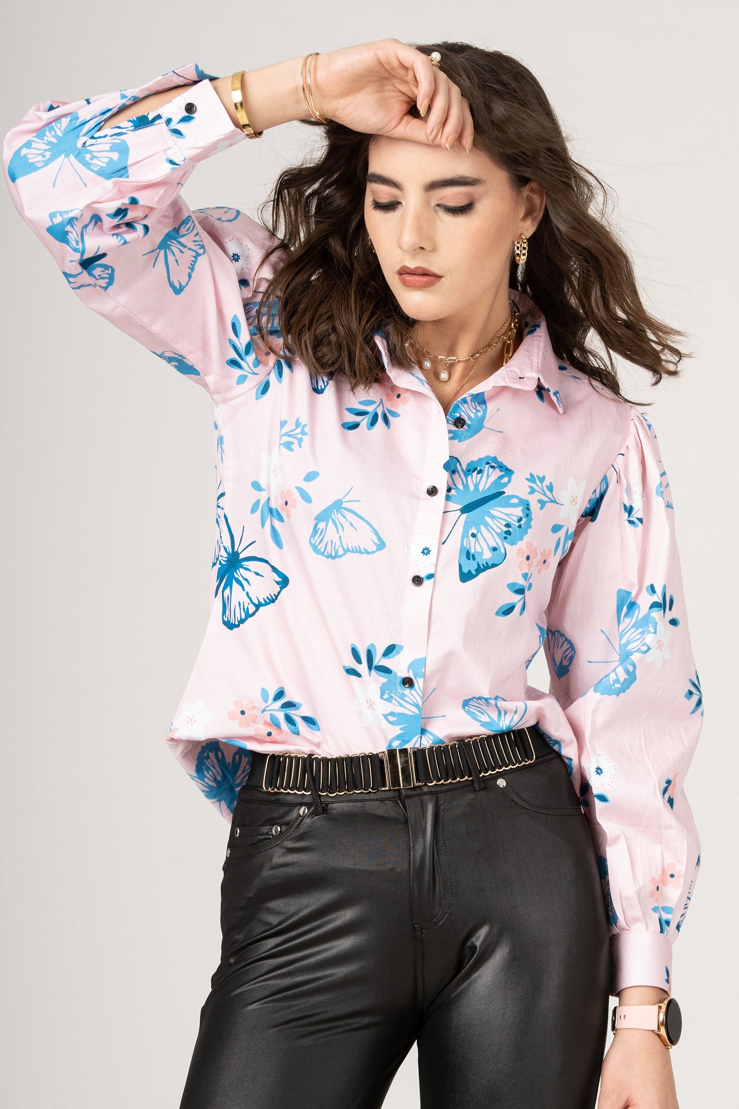 Designer Full Sleeve Blouse Pure Cotton Butterfly Pattern Women Shirt by Brand Black Jack