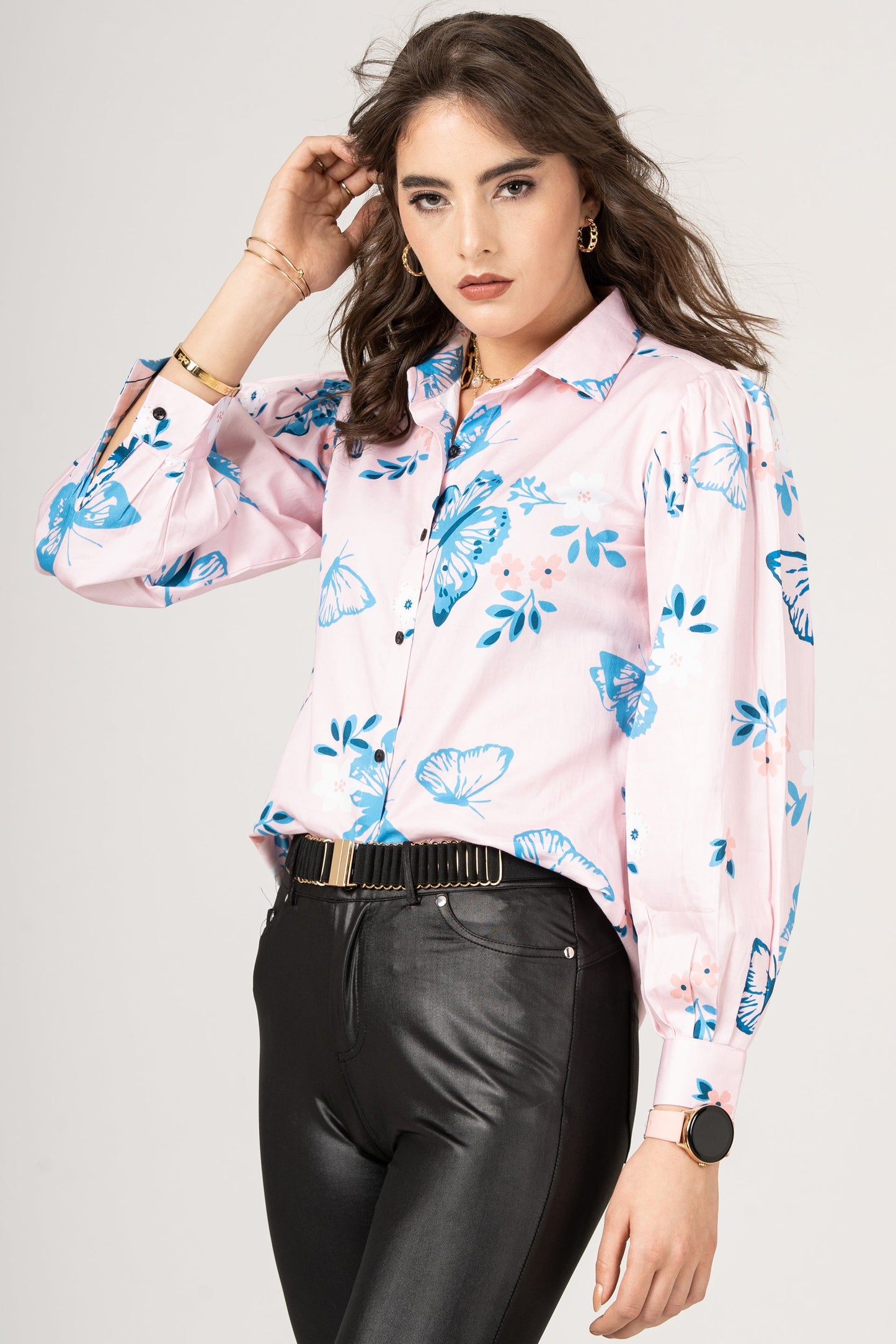 Designer Full Sleeve Blouse Pure Cotton Butterfly Pattern Women Shirt by Brand Black Jack