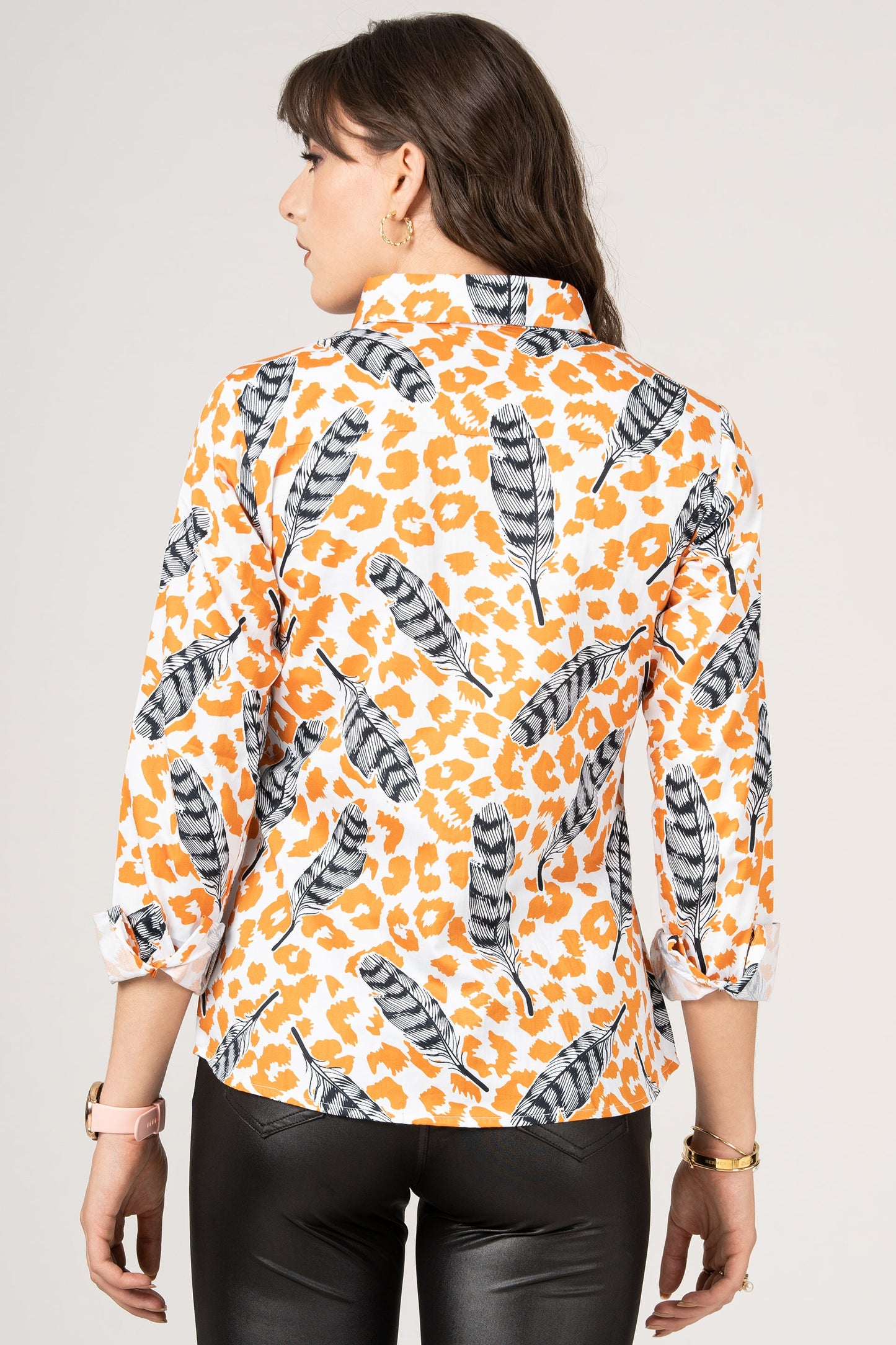 Pure Cotton Pattern of Feathers on Animal Print Women Shirt by Brand Black Jack