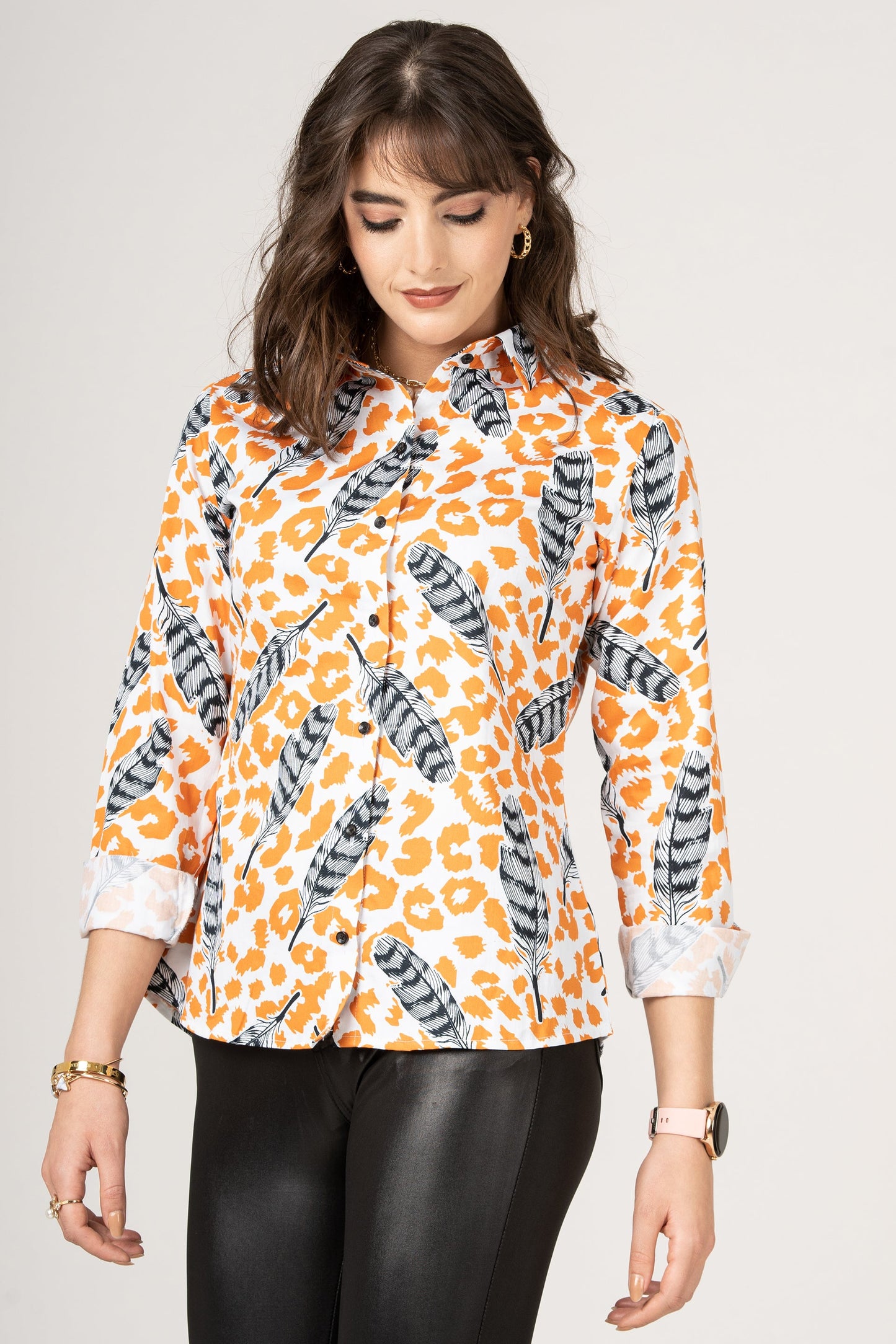 Pure Cotton Pattern of Feathers on Animal Print Women Shirt by Brand Black Jack