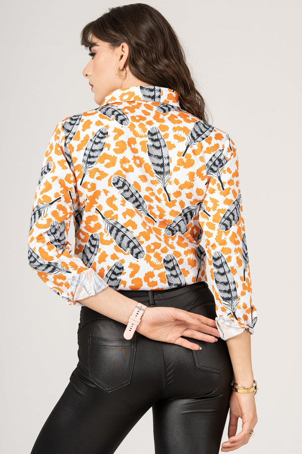 Pure Cotton Pattern of Feathers on Animal Print Women Shirt by Brand Black Jack