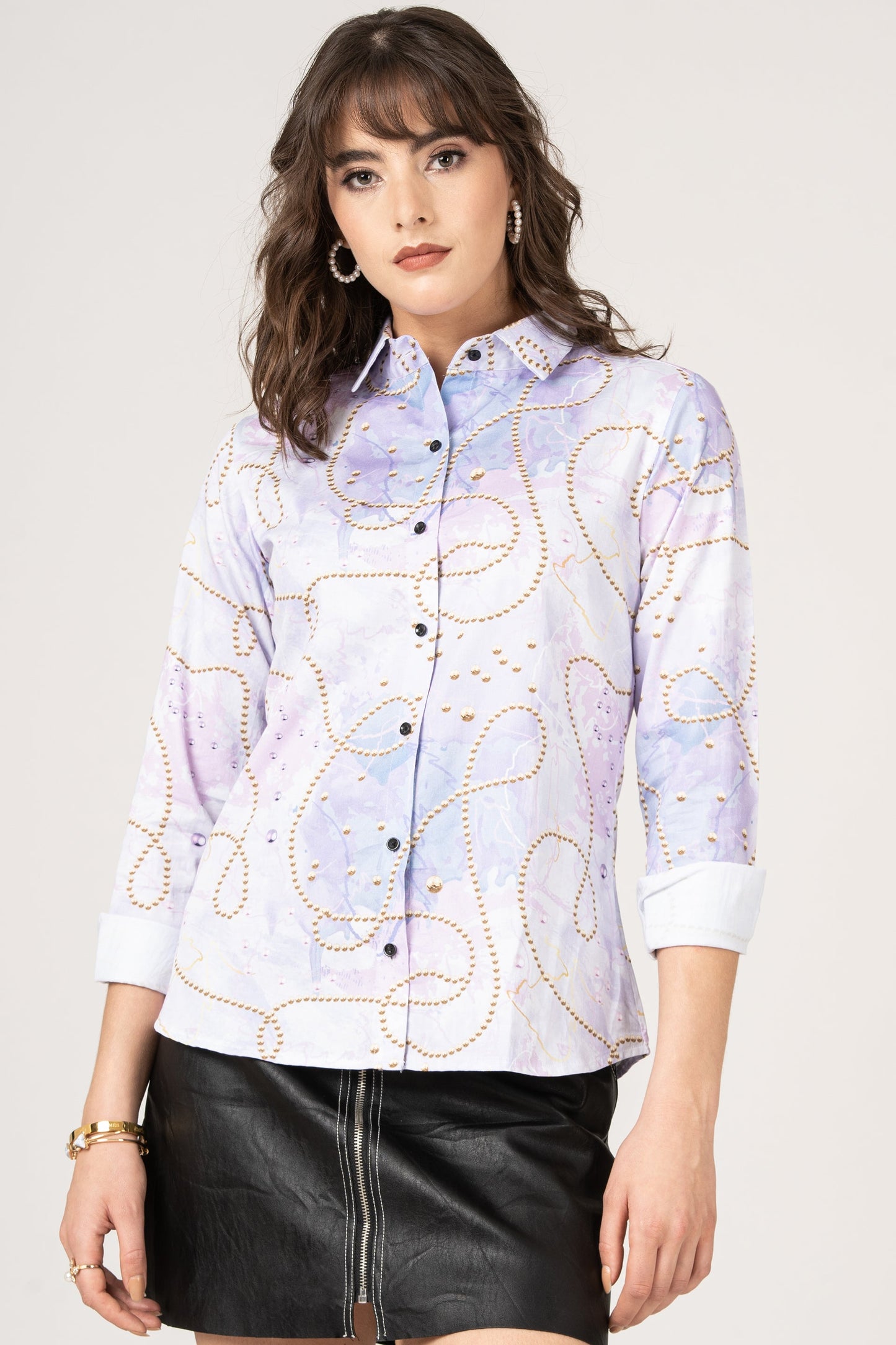 Pearls Beads Light Violet Color with Doodle Lines, Scribbles Women Pure Cotton Print Shirt by Black Jack