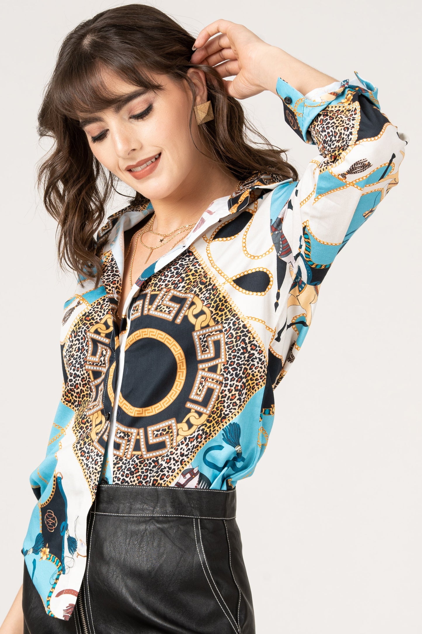 Pure Cotton Chain Pattern, Horses and Leopard Skin Print Women Shirt by Black Jack