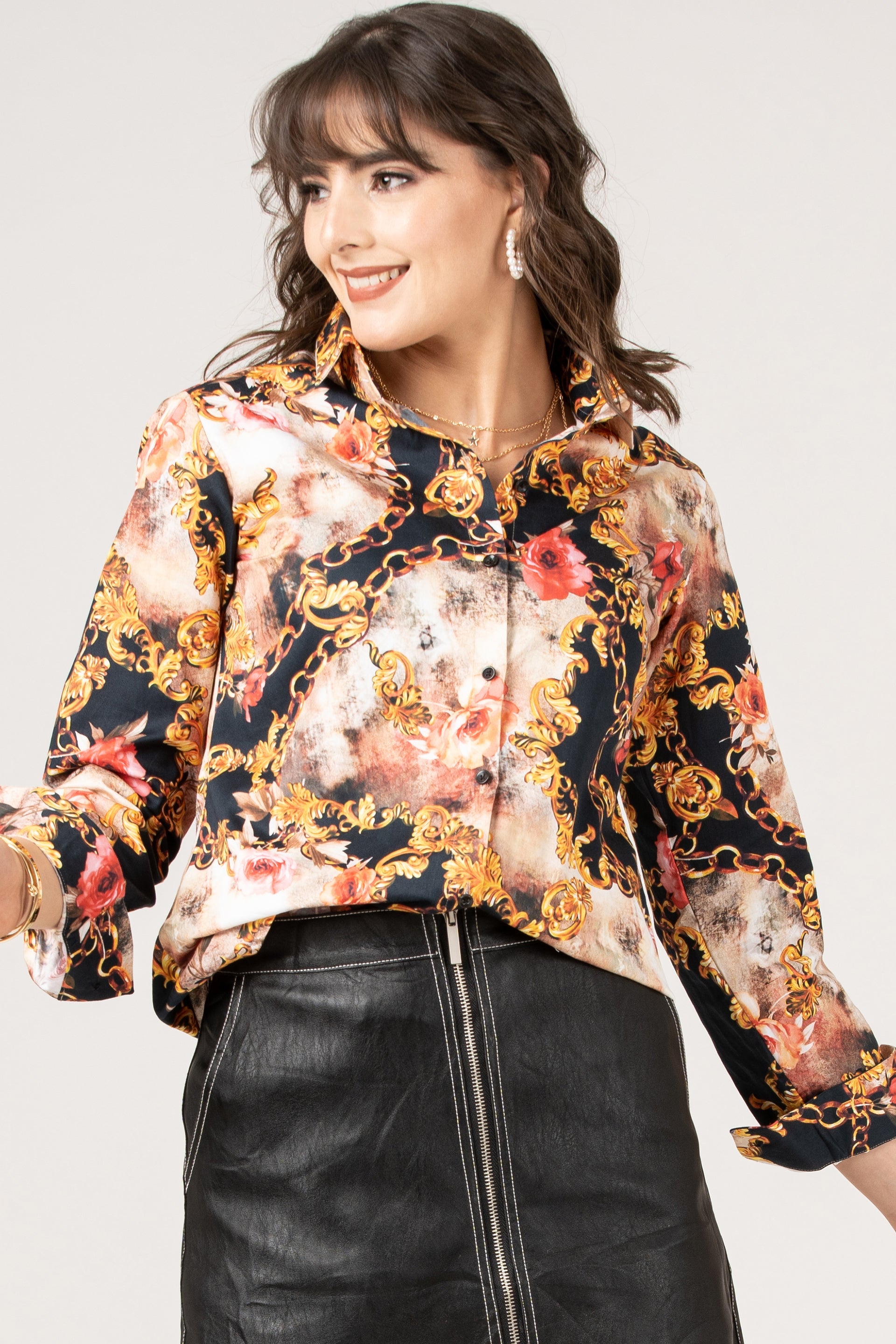 Pure Cotton Golden Baroque with Gold Chain and Pink Roses Women Shirt by Black Jack