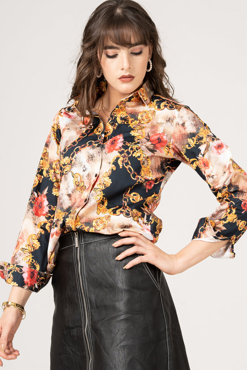 Pure Cotton Golden Baroque with Gold Chain and Pink Roses Women Shirt by Black Jack