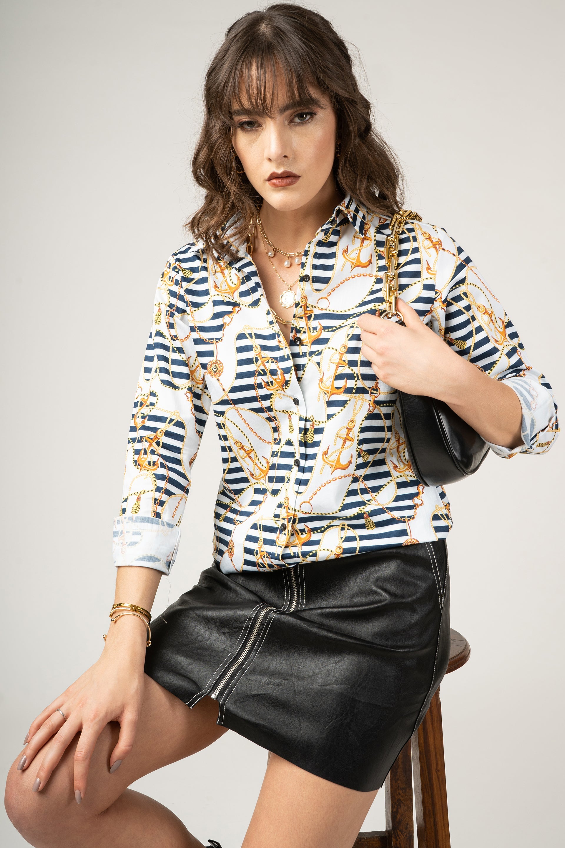 Golden Anchor, Coins and Chains Print Pure Cotton Women Shirt by Black Jack