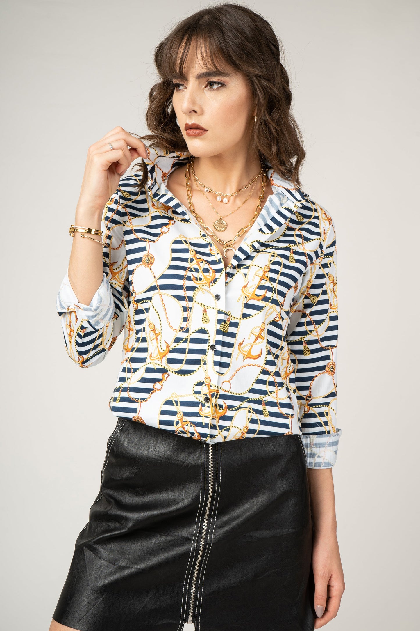 Golden Anchor, Coins and Chains Print Pure Cotton Women Shirt by Black Jack