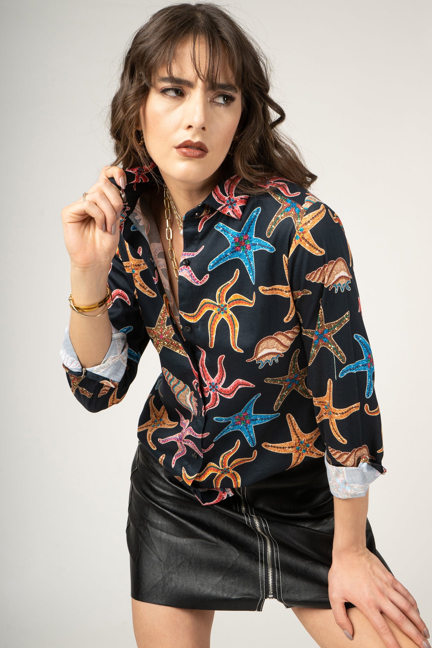 Starfish, Mussel Pattern with Glittering Gemstone Print Pure Cotton Women Shirt by Black Jack