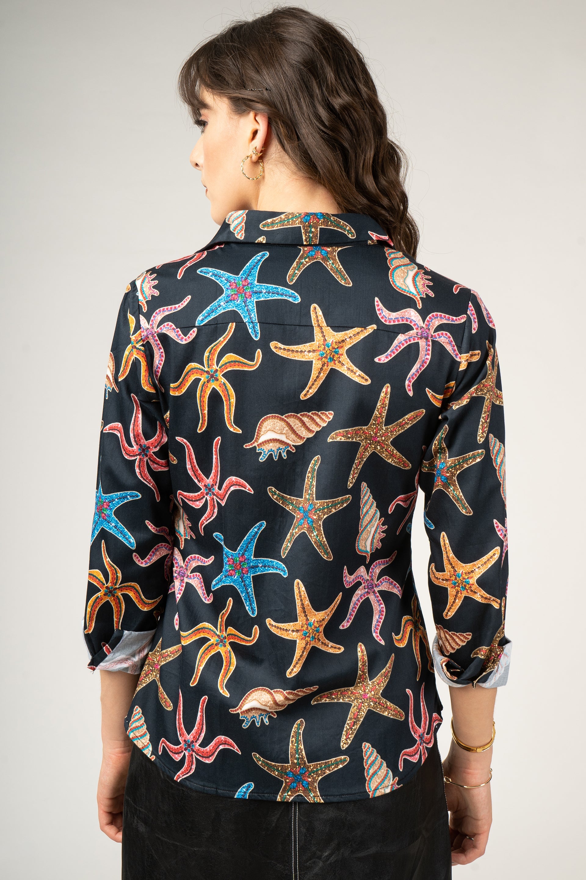 Starfish, Mussel Pattern with Glittering Gemstone Print Pure Cotton Women Shirt by Black Jack