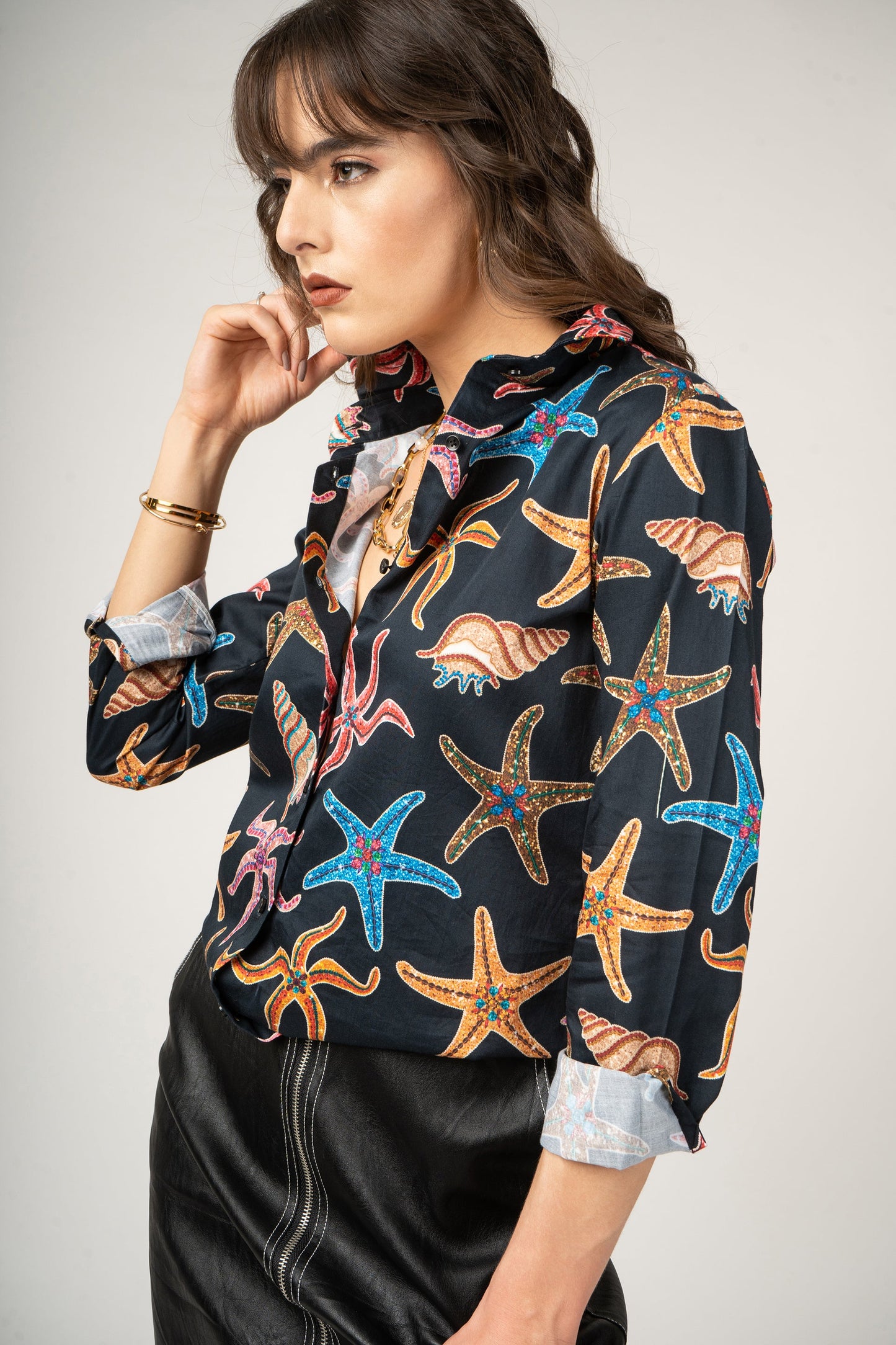 Starfish, Mussel Pattern with Glittering Gemstone Print Pure Cotton Women Shirt by Black Jack