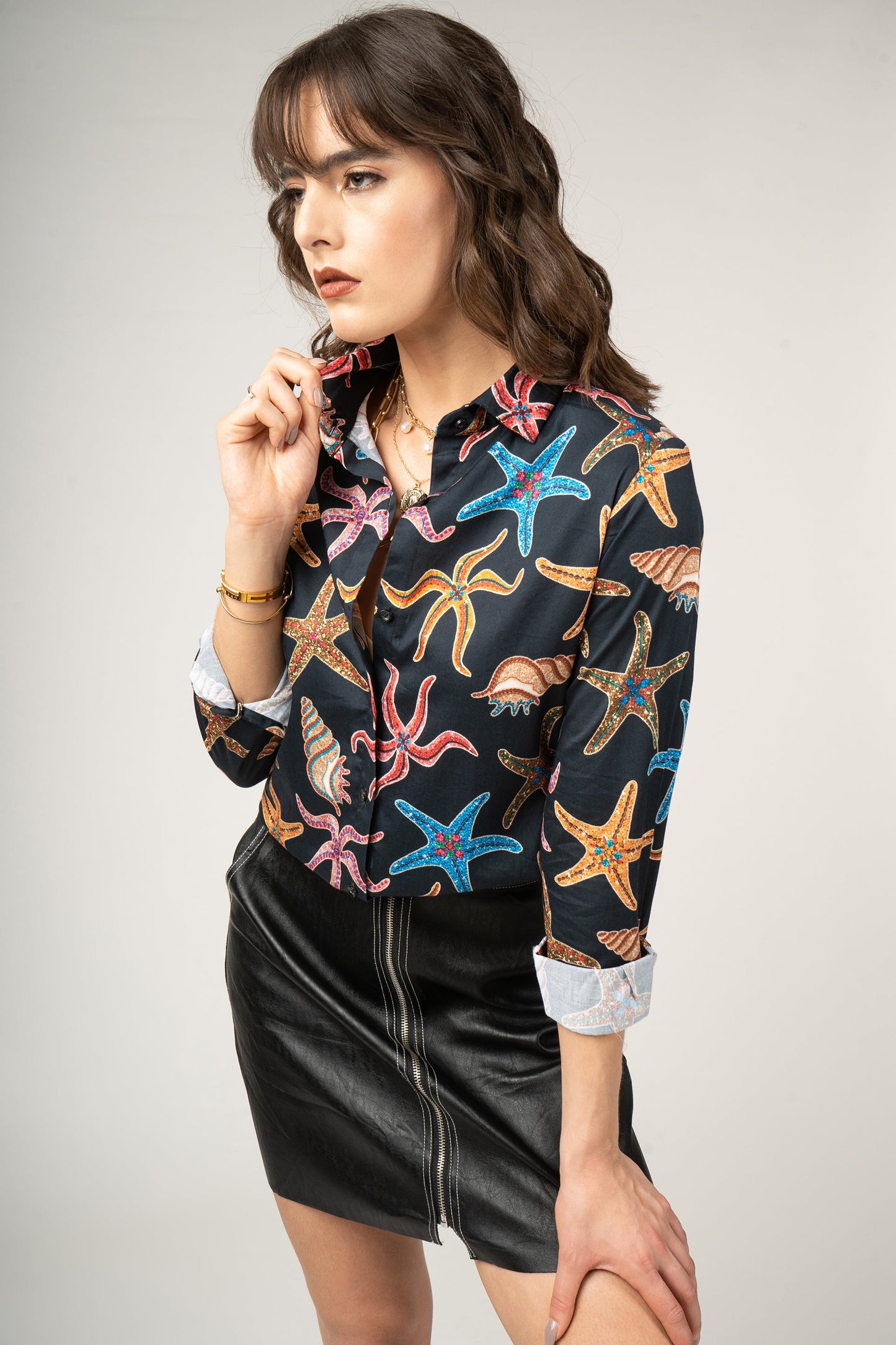 Starfish, Mussel Pattern with Glittering Gemstone Print Pure Cotton Women Shirt by Black Jack