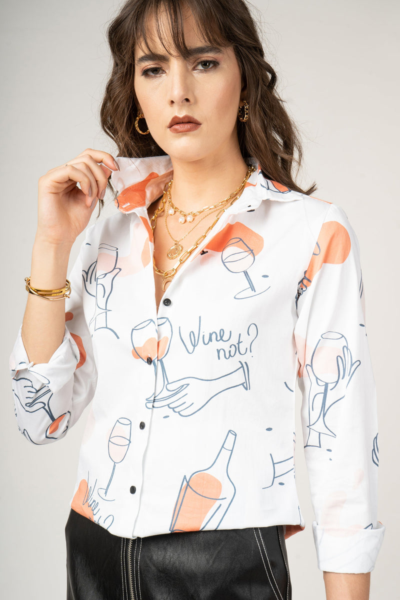 Pattern for Wine bar and Wine Lovers, Parisian Party Style Print Pure Cotton Women Shirt by Black Jack