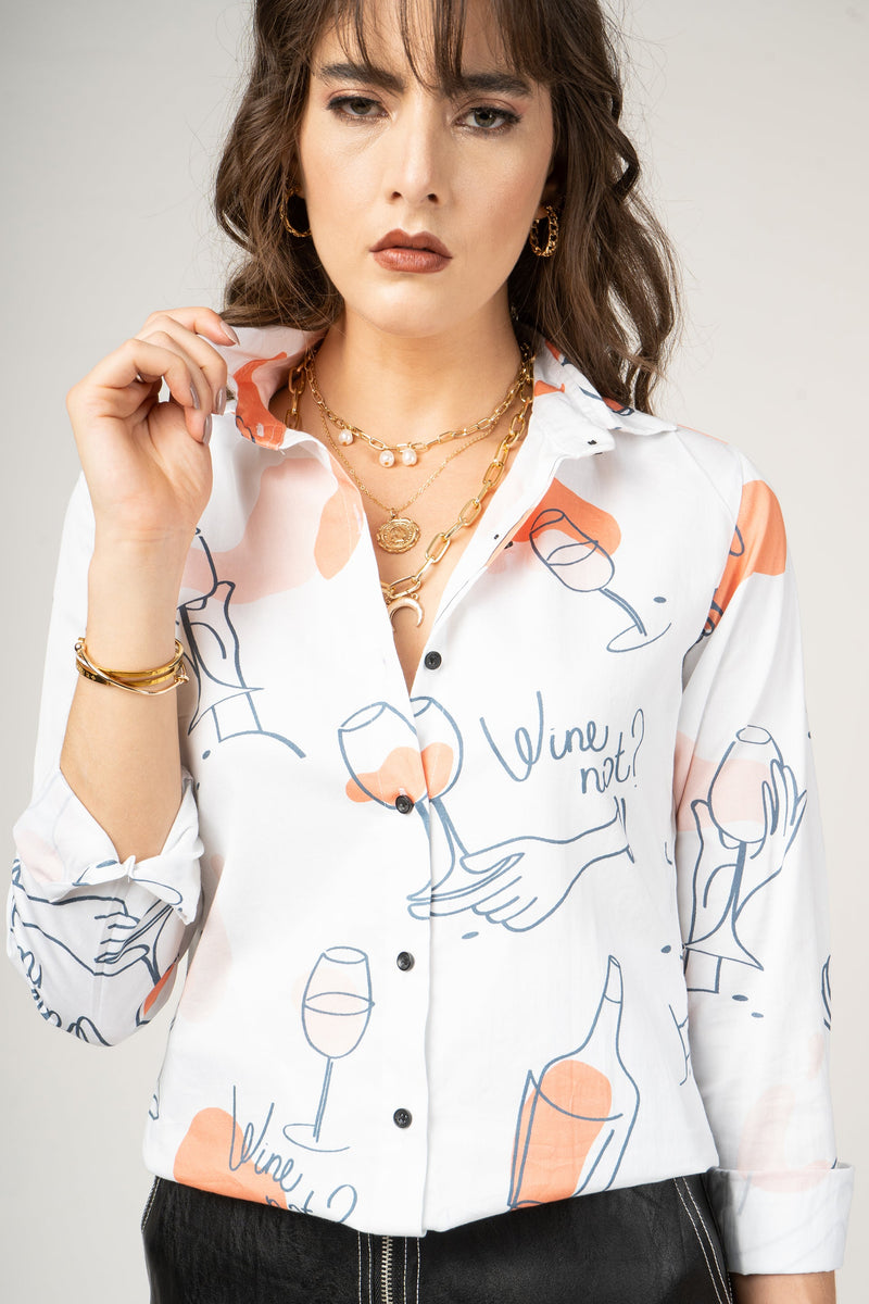 Pattern for Wine bar and Wine Lovers, Parisian Party Style Print Pure Cotton Women Shirt by Black Jack