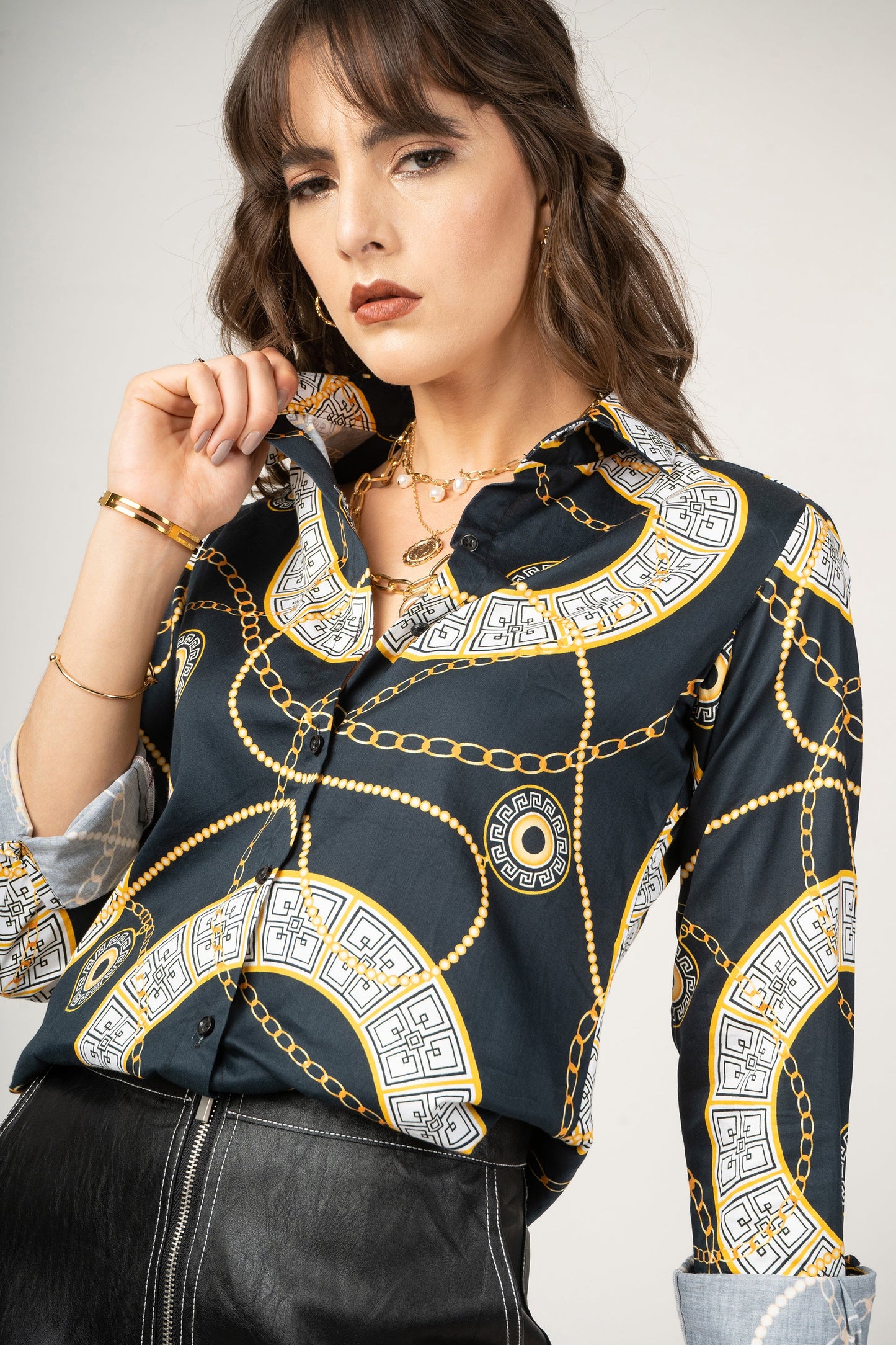 Greek Motif With Chains Print Pure Cotton Women Shirt by Black Jack