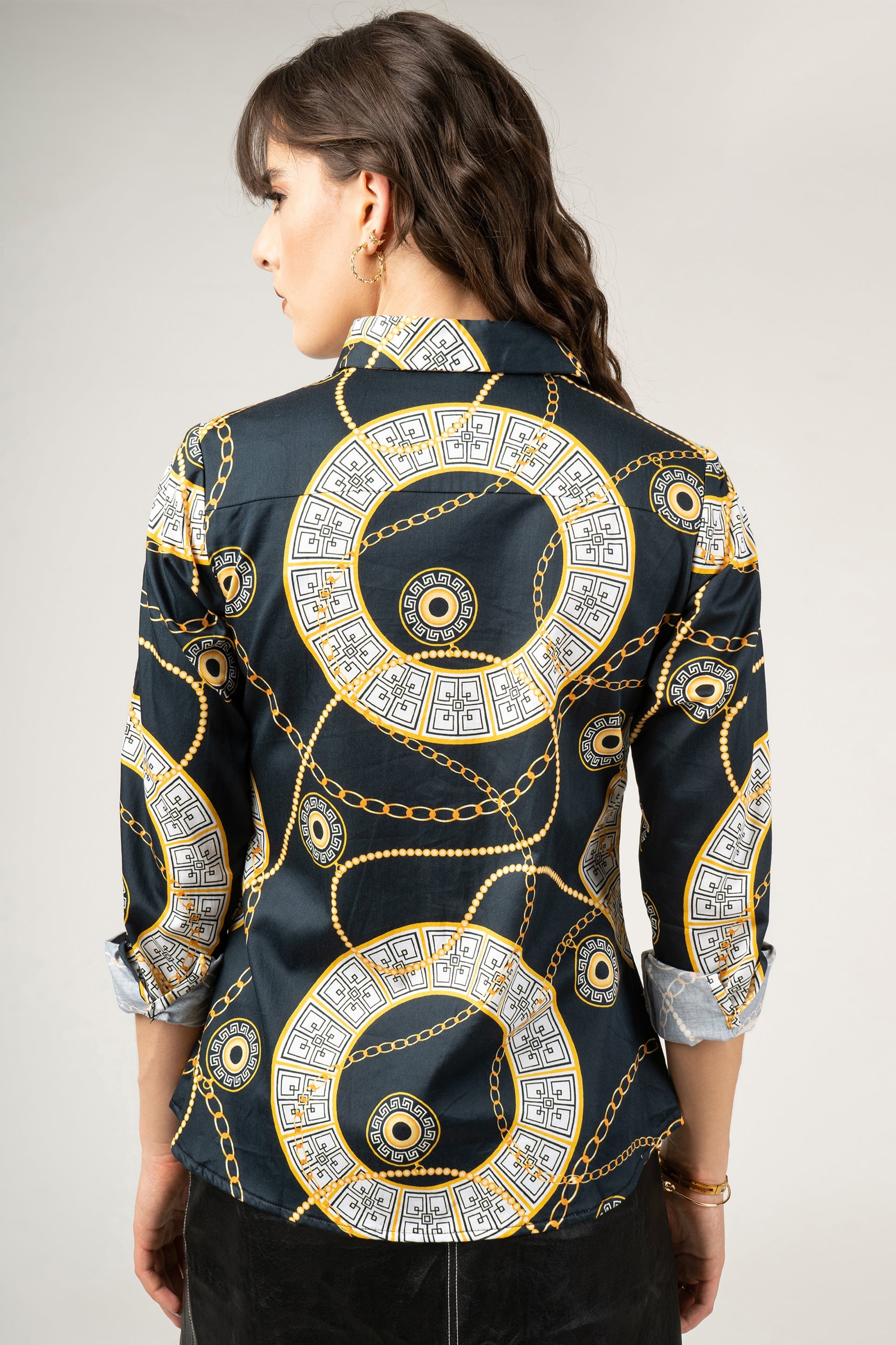 Greek Motif With Chains Print Pure Cotton Women Shirt by Black Jack