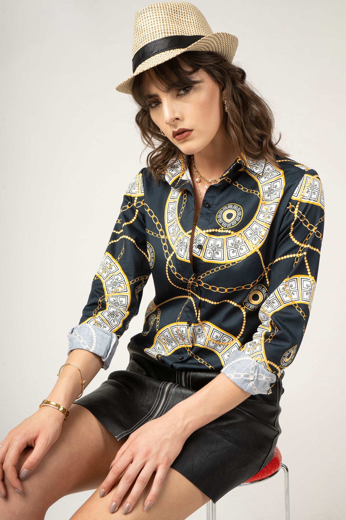 Greek Motif With Chains Print Pure Cotton Women Shirt by Black Jack