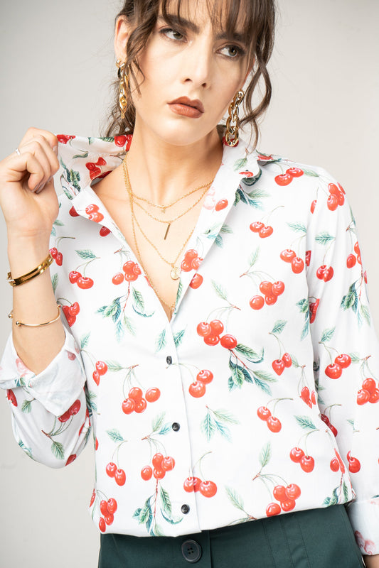 Hand Drwan Pattern with Cherry Pure Cotton Women Shirt by Black Jack