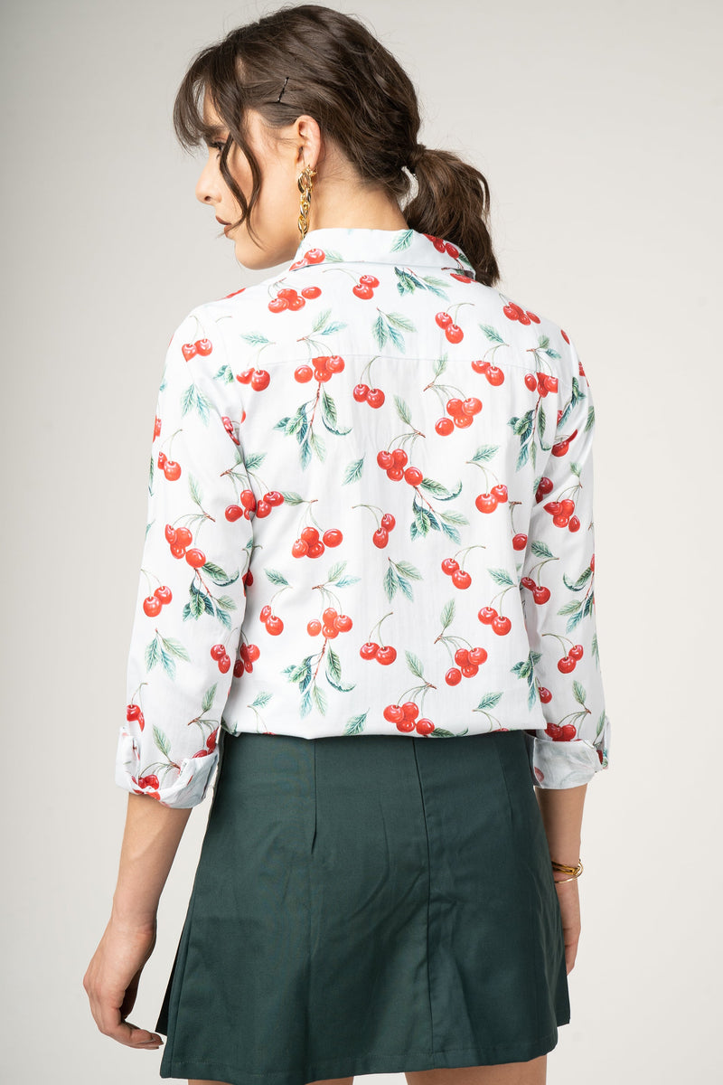 Hand Drwan Pattern with Cherry Pure Cotton Women Shirt by Black Jack