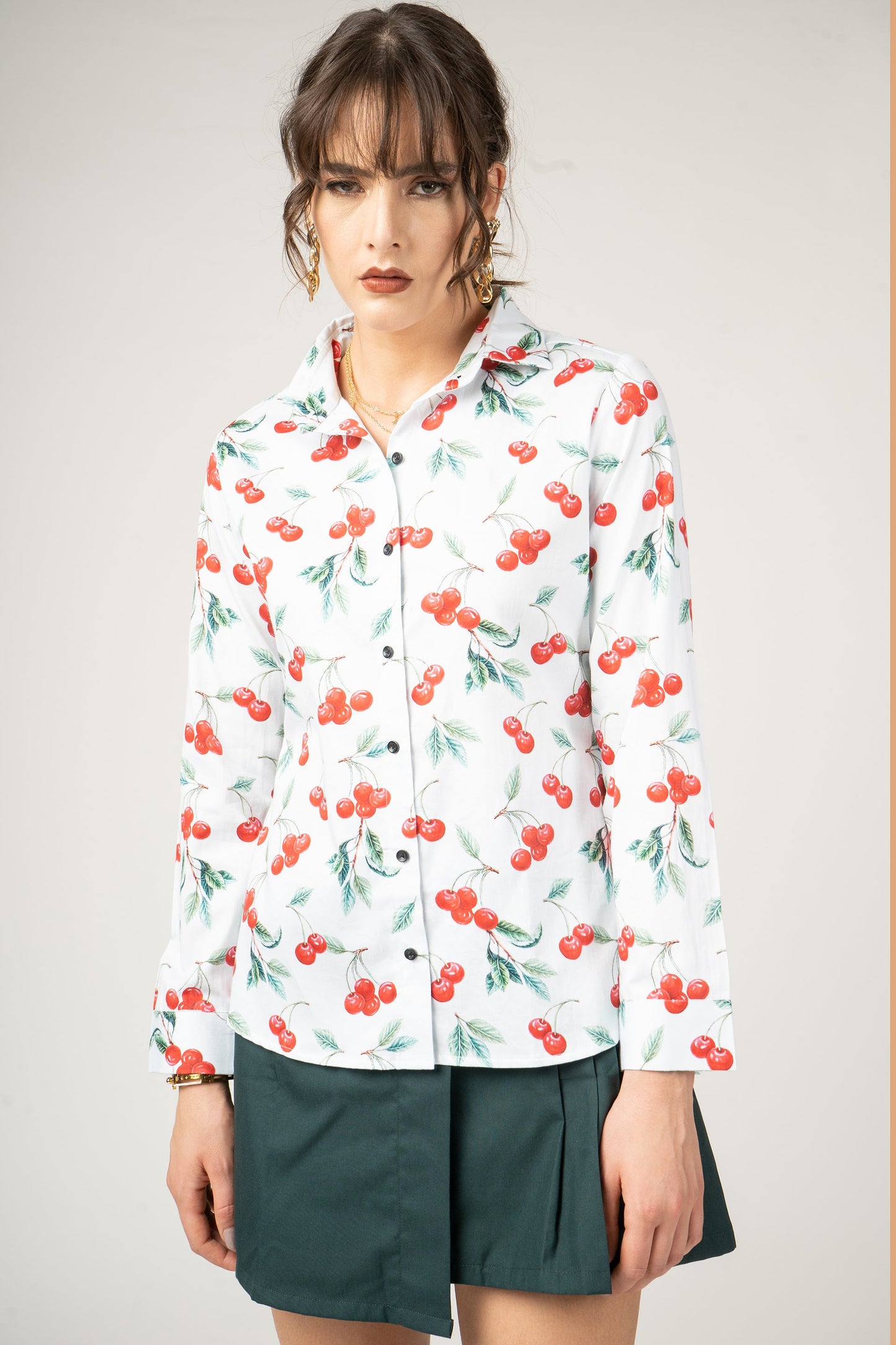 Hand Drwan Pattern with Cherry Pure Cotton Women Shirt by Black Jack