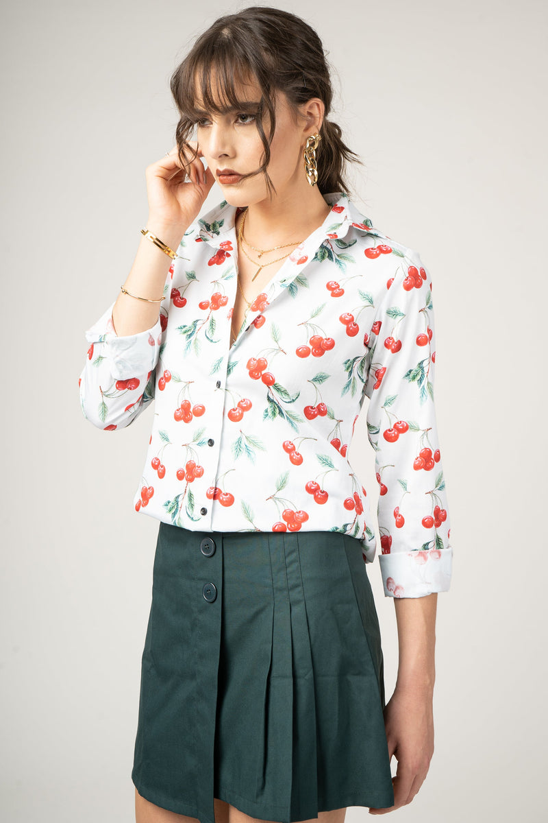 Hand Drwan Pattern with Cherry Pure Cotton Women Shirt by Black Jack