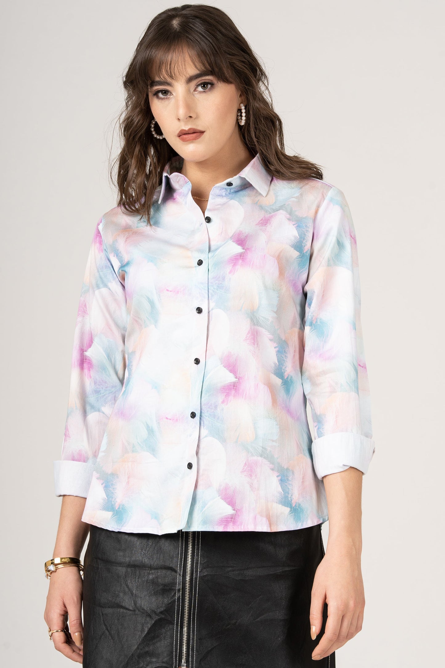 Multi-Colored Feathers of a Birds of Pastel Color Pure Cotton Women Shirt by Black Jack