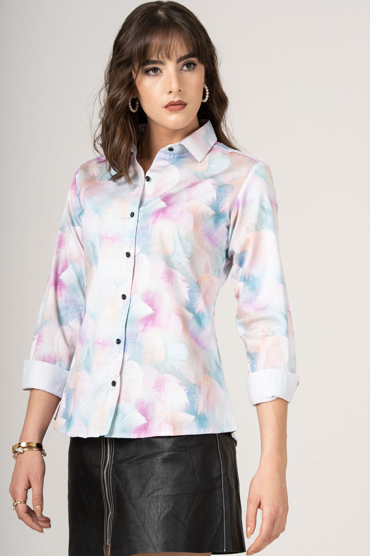 Multi-Colored Feathers of a Birds of Pastel Color Pure Cotton Women Shirt by Black Jack