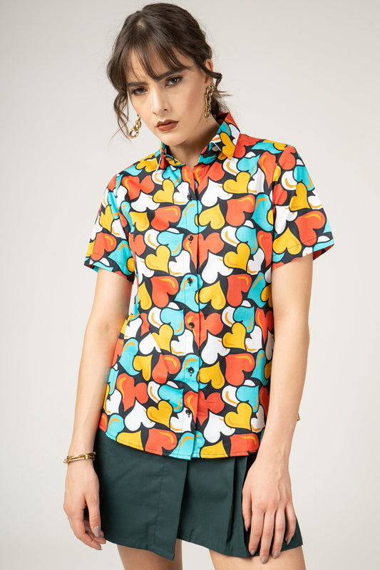 Colored Heart Abstract Pattern in Graffiti Style Print Pure Cotton Women Shirt by Black Jack