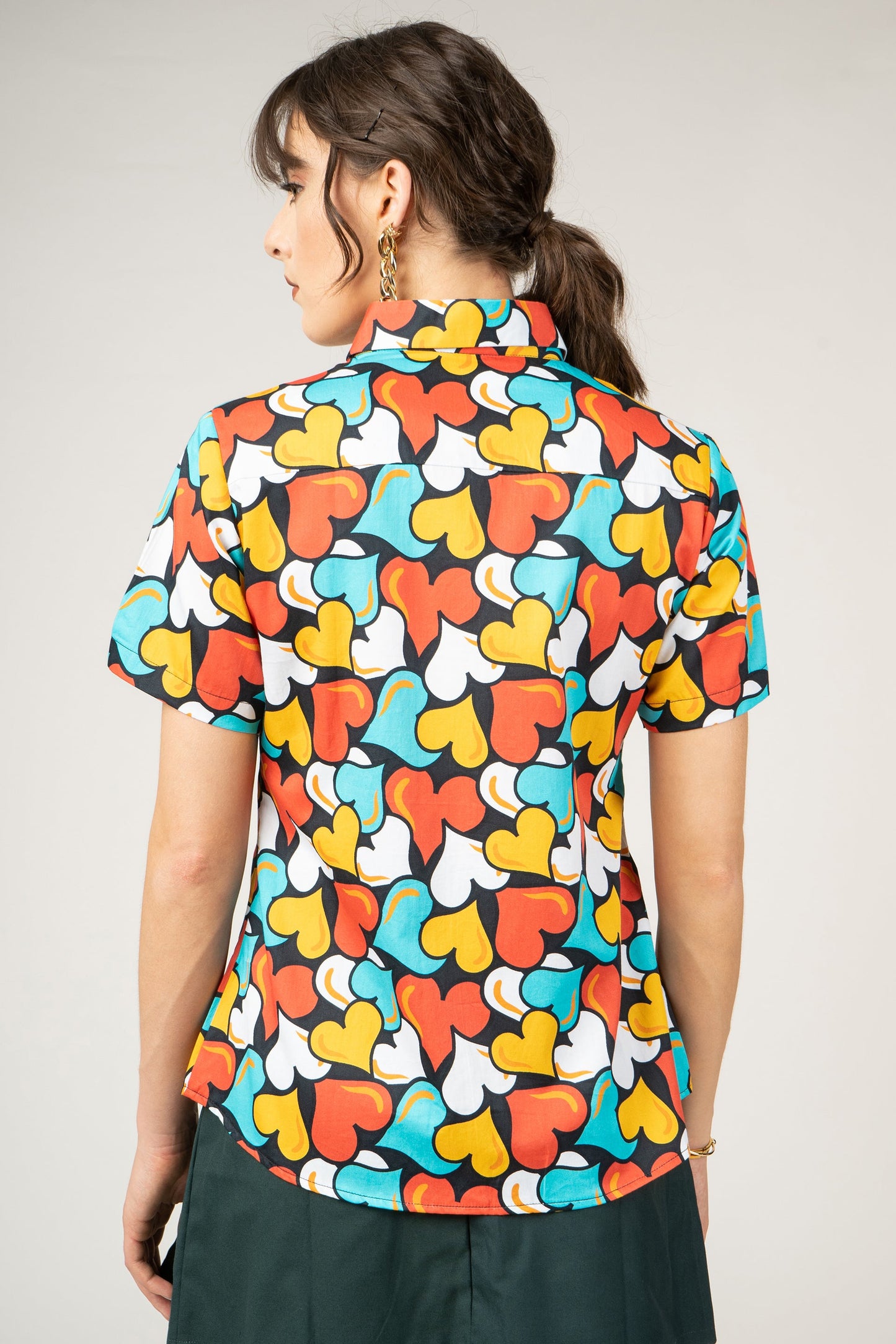 Colored Heart Abstract Pattern in Graffiti Style Print Pure Cotton Women Shirt by Black Jack