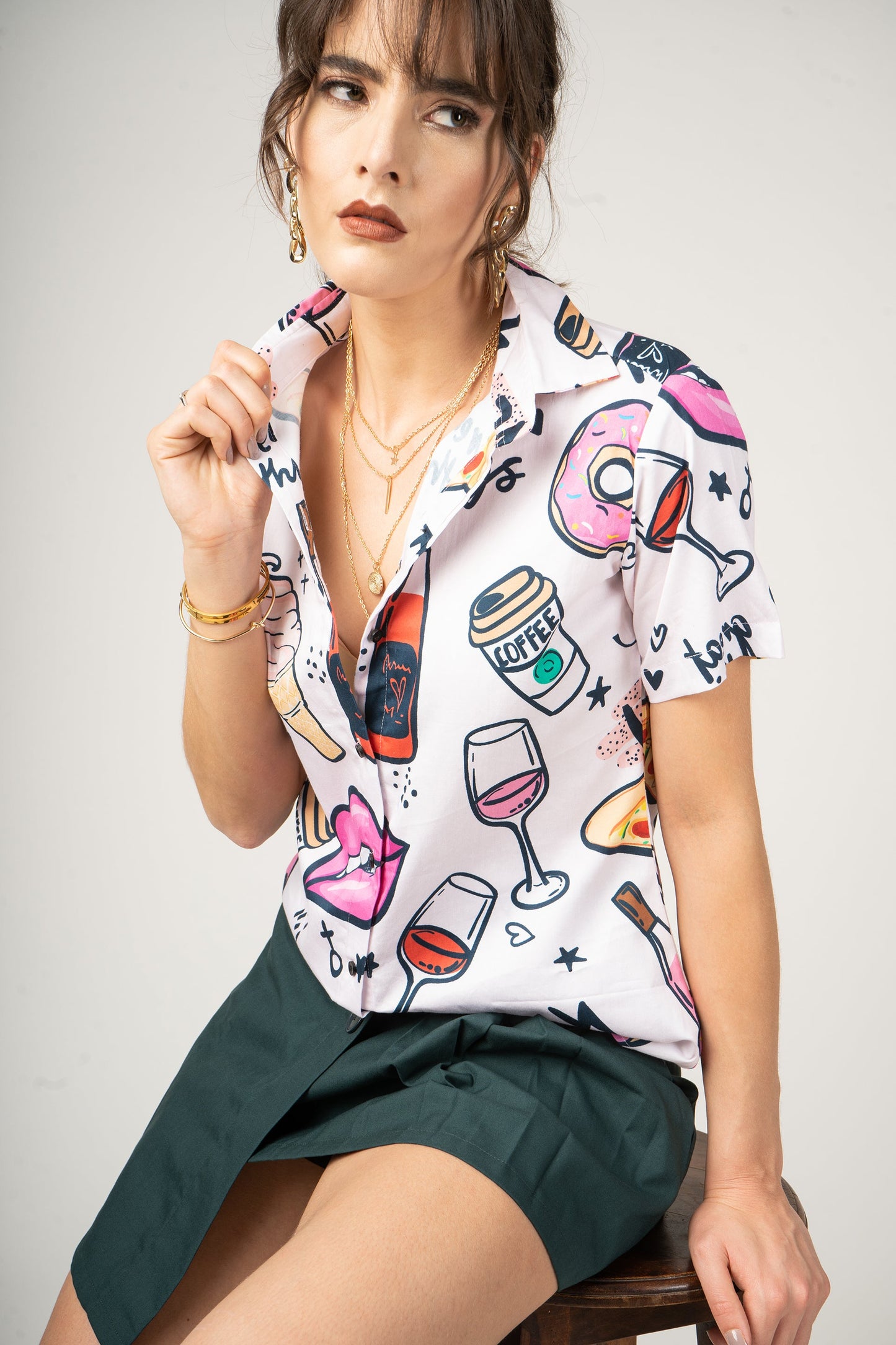 Wine Pattern with Pink Girl Kiss Lips Print Pure Cotton Women Shirt by Black Jack