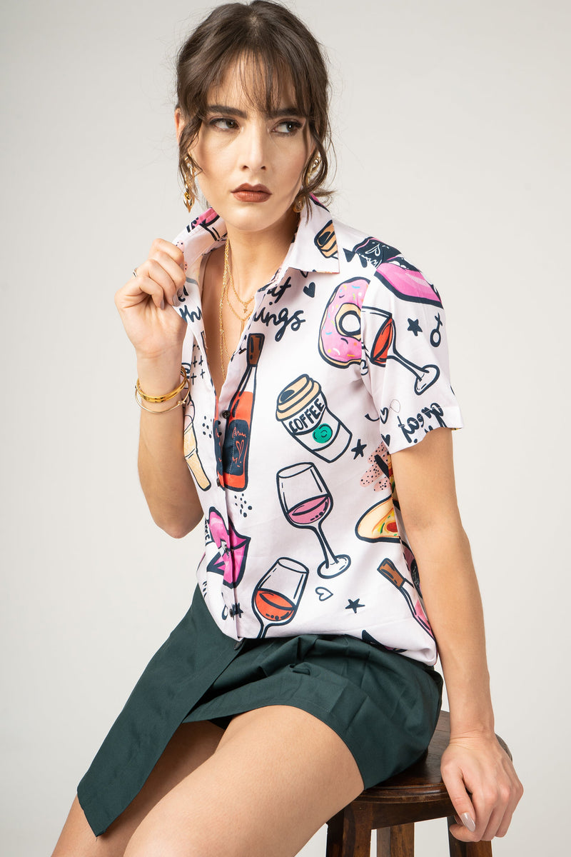 Wine Pattern with Pink Girl Kiss Lips Print Pure Cotton Women Shirt by Black Jack