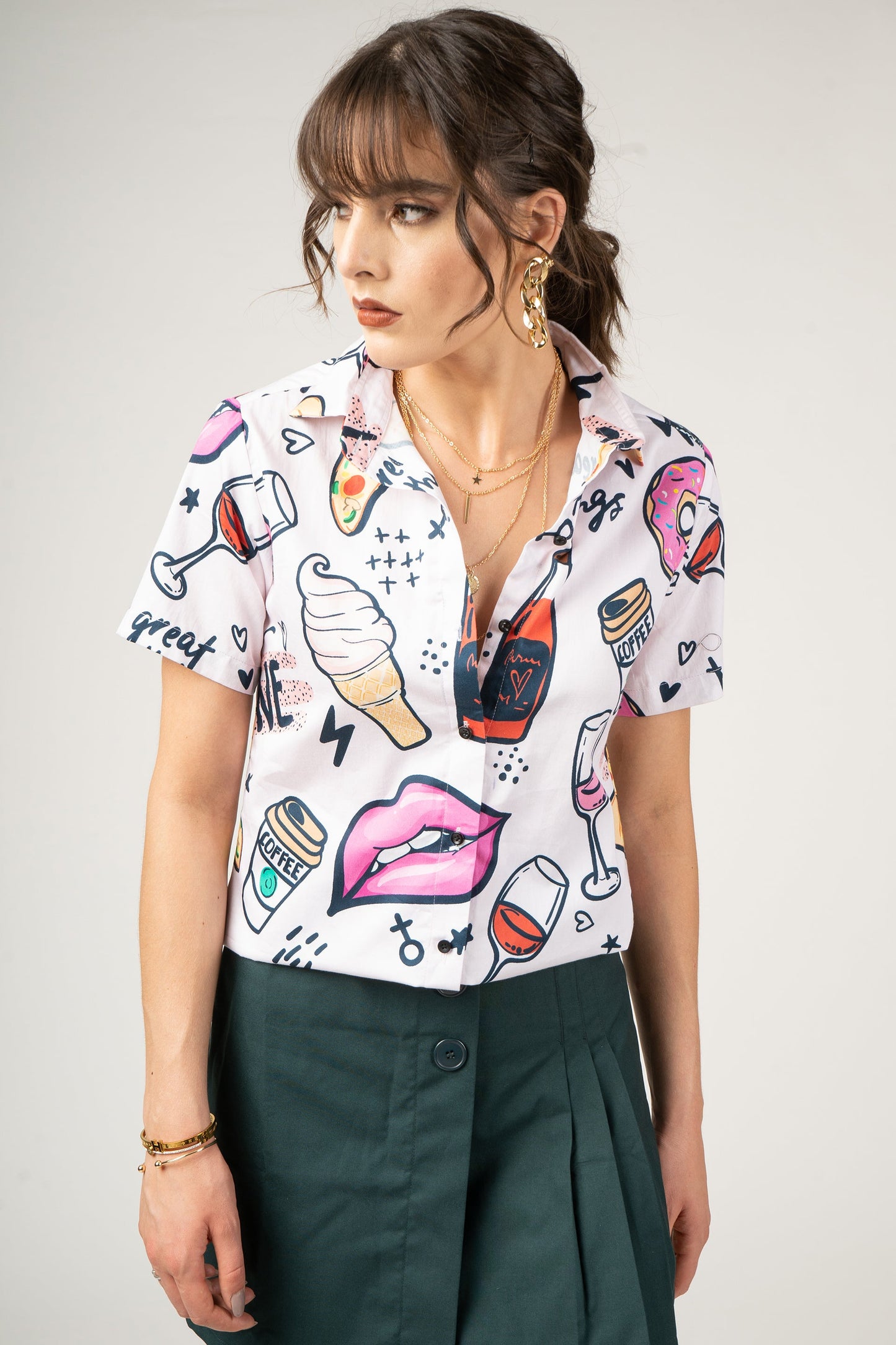 Wine Pattern with Pink Girl Kiss Lips Print Pure Cotton Women Shirt by Black Jack