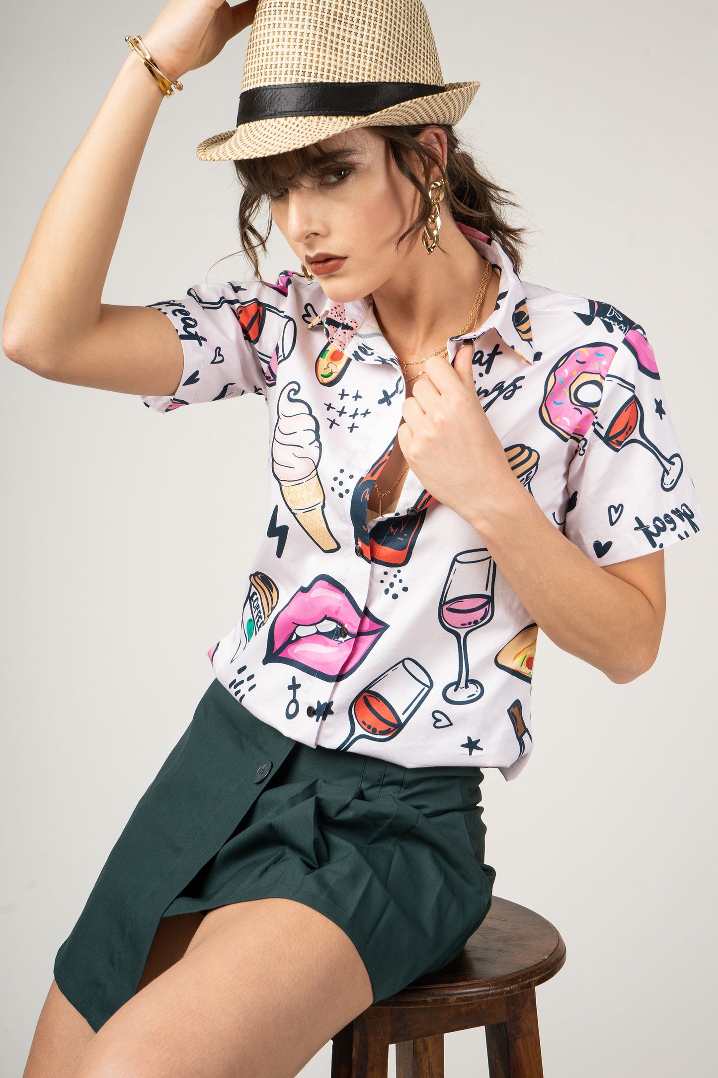 Wine Pattern with Pink Girl Kiss Lips Print Pure Cotton Women Shirt by Black Jack