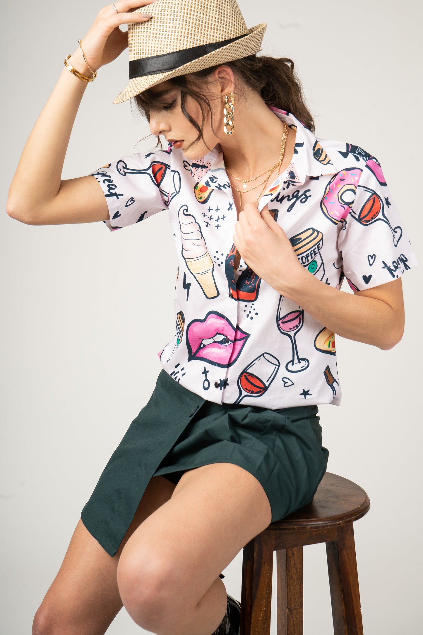 Wine Pattern with Pink Girl Kiss Lips Print Pure Cotton Women Shirt by Black Jack