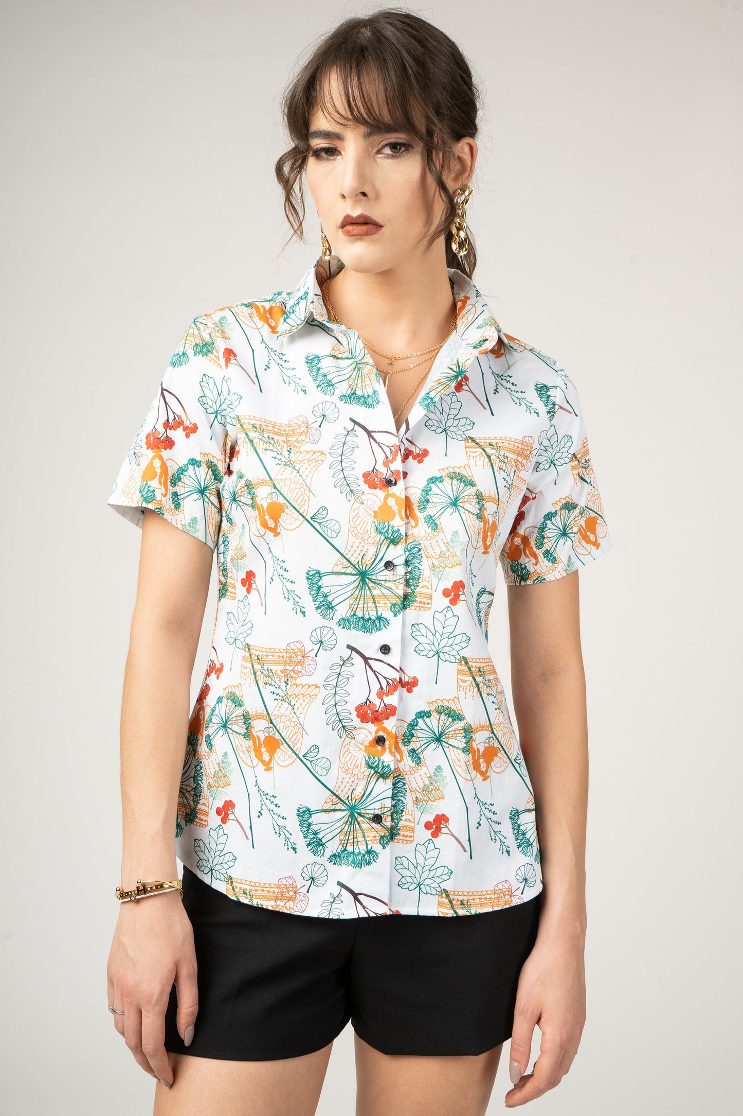 Autumm Plants and Angels Print Pure Cotton Women Shirt by Black Jack