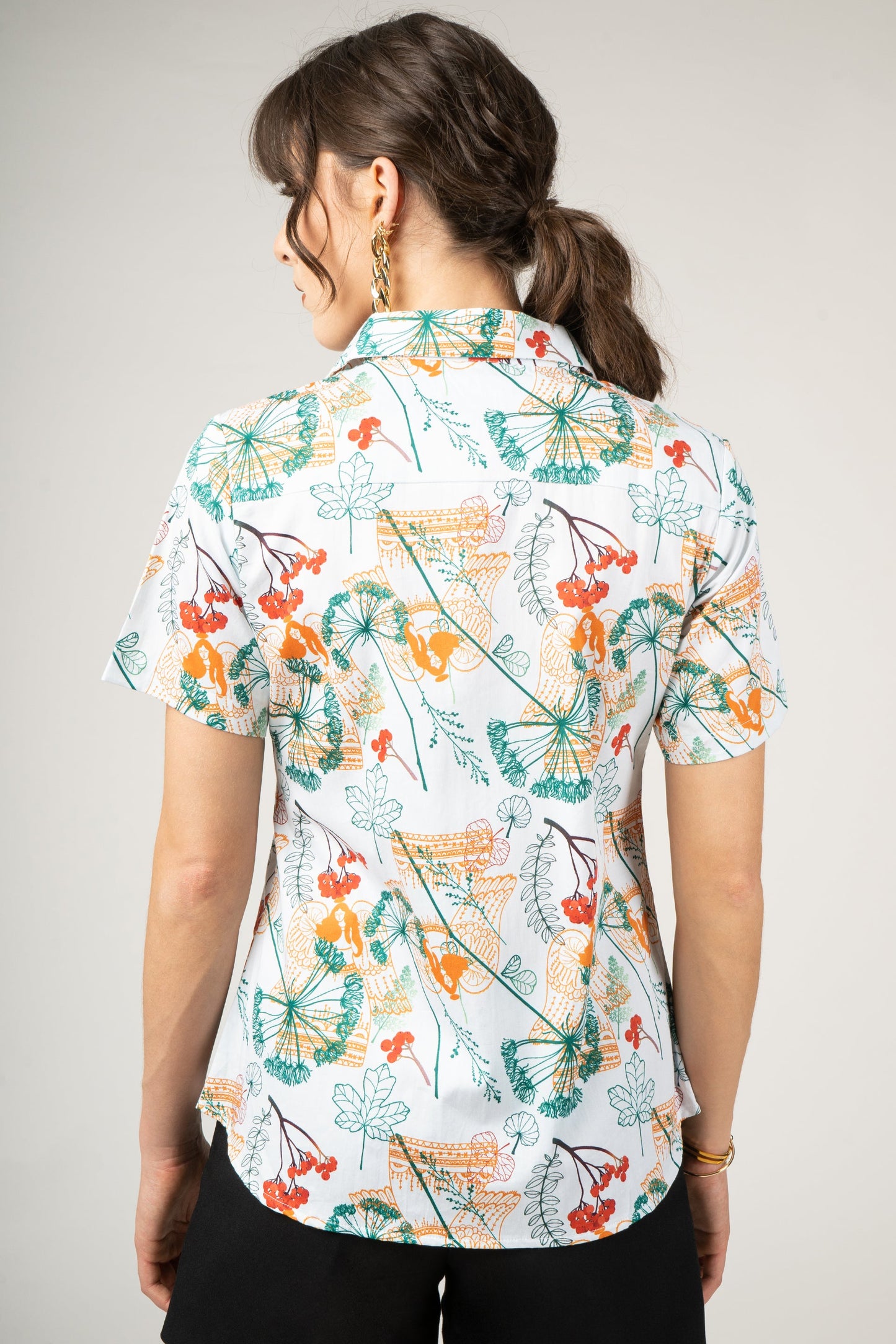 Autumm Plants and Angels Print Pure Cotton Women Shirt by Black Jack