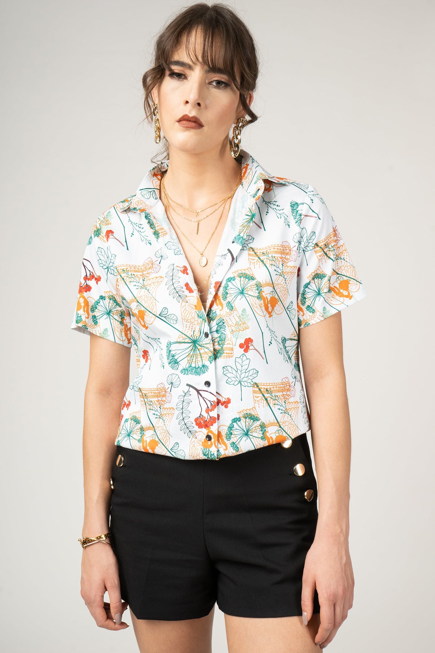 Autumm Plants and Angels Print Pure Cotton Women Shirt by Black Jack