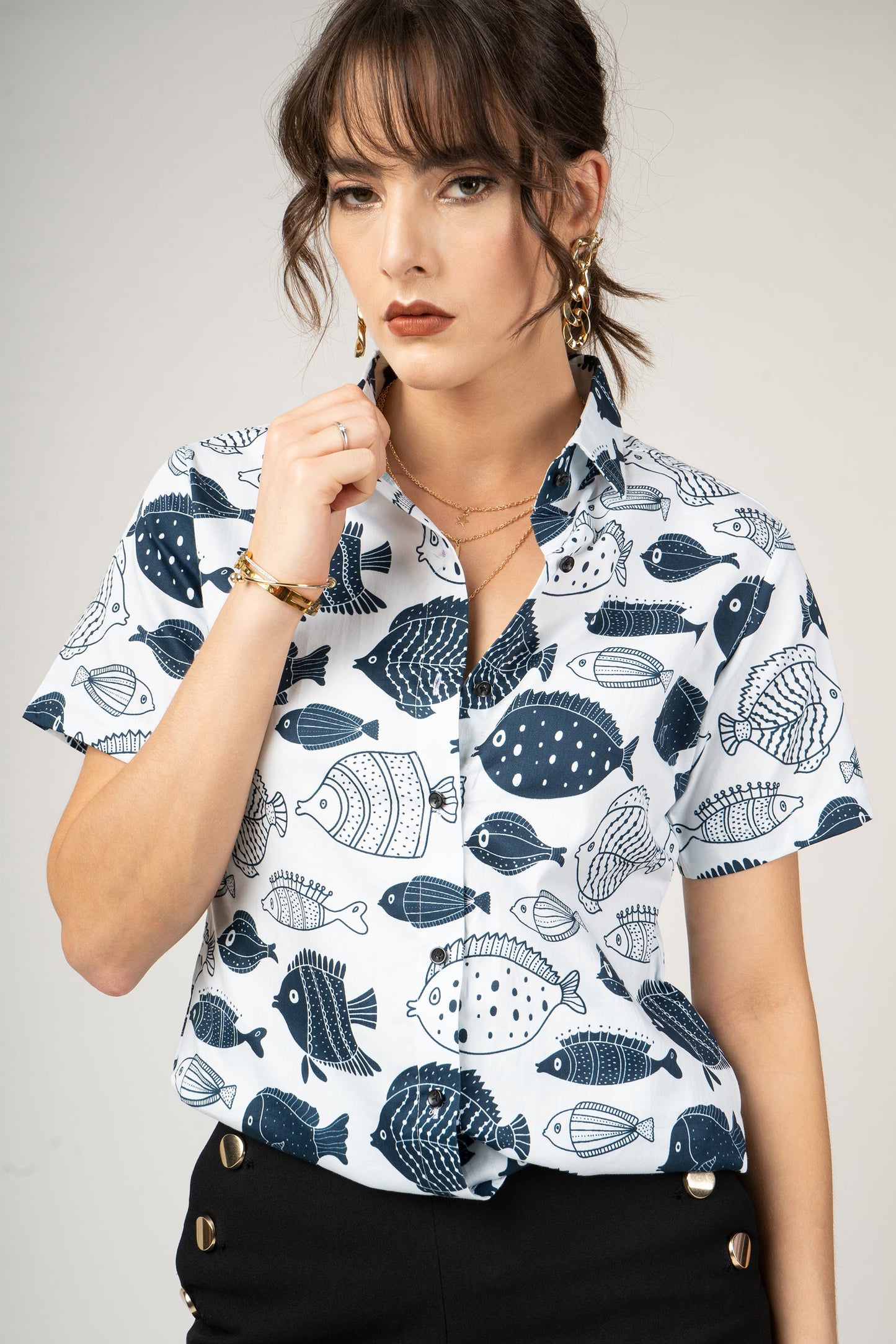 Cute Fish Print Pure Cotton Women Shirt by Black Jack