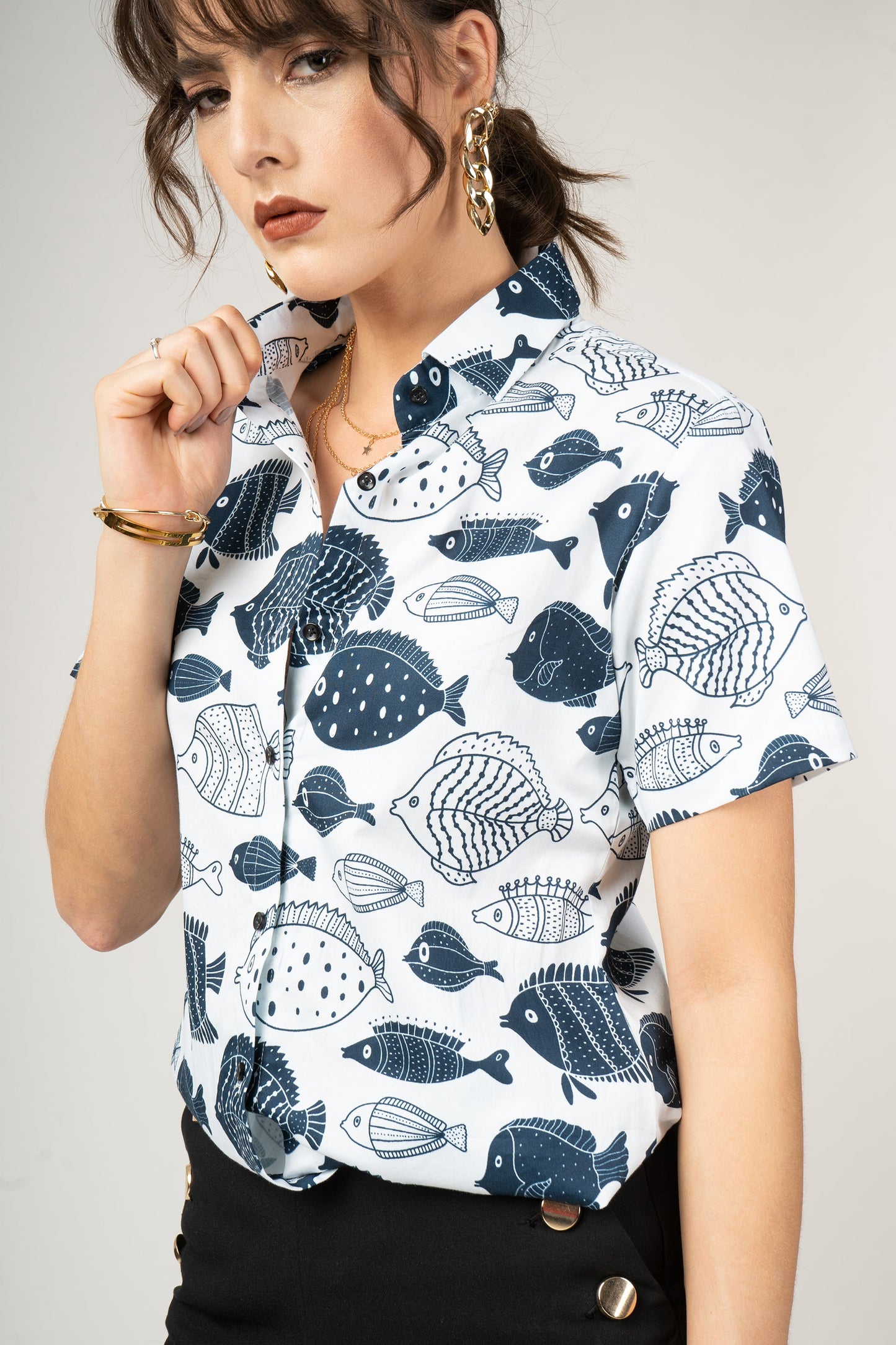 Cute Fish Print Pure Cotton Women Shirt by Black Jack