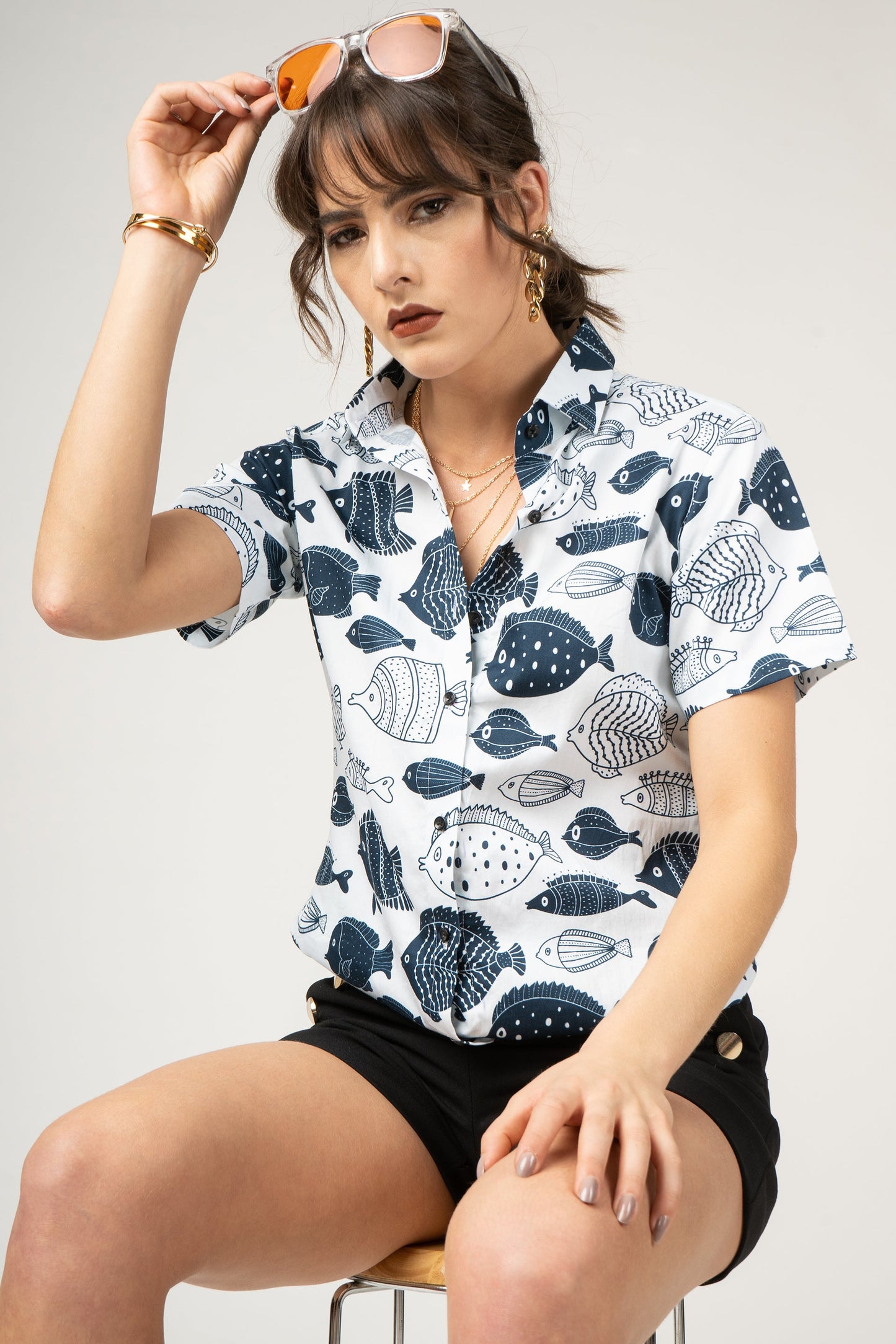 Cute Fish Print Pure Cotton Women Shirt by Black Jack