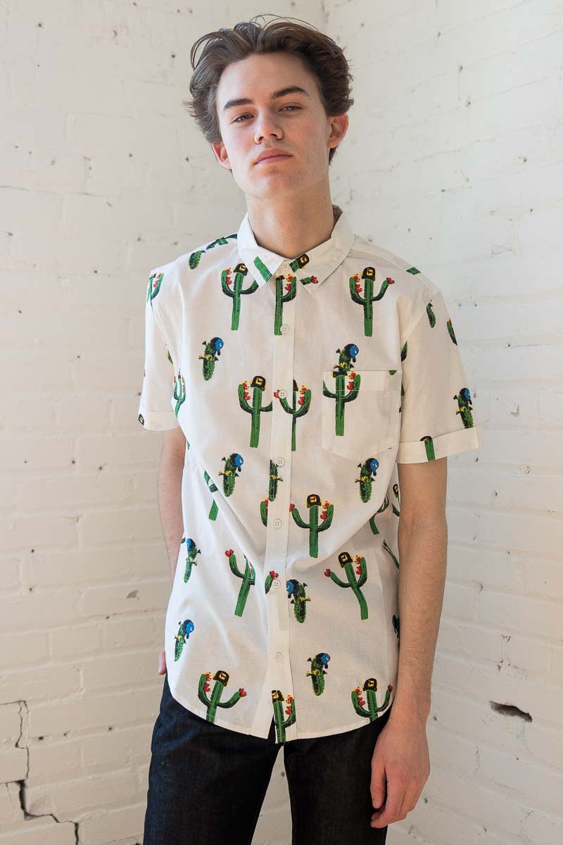 Cactus With Hat Woven Button Up Shirt