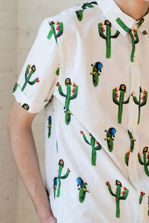 Cactus With Hat Woven Button Up Shirt