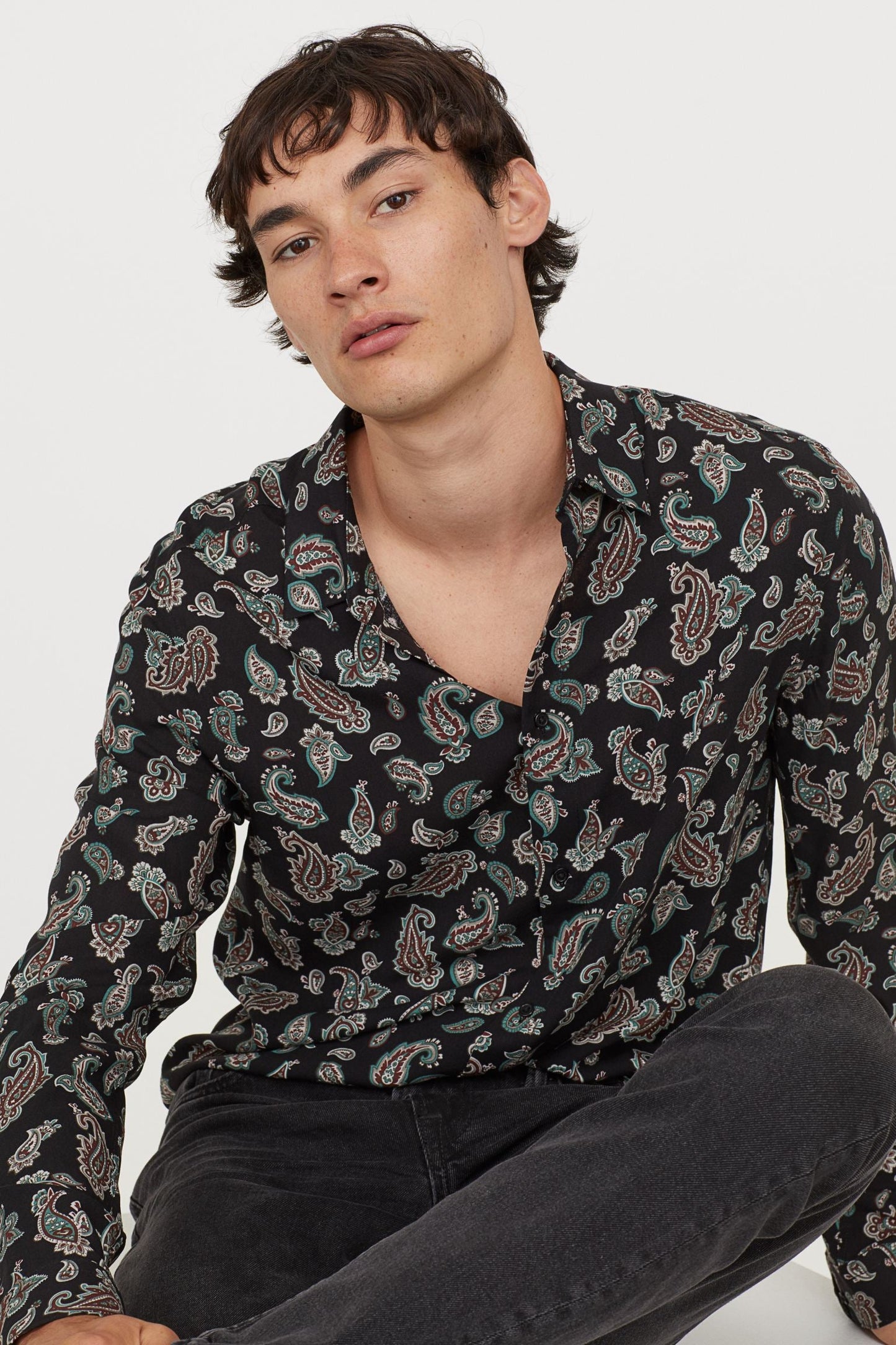 Slim Viscose Shirt Dark Blue Paisley Shirt